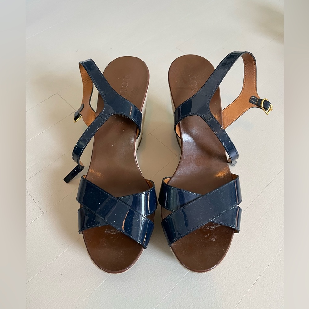 Blue patent leather strap wedge sandal